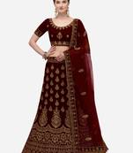 Maroon embroidered velvet semi stitched lehenga