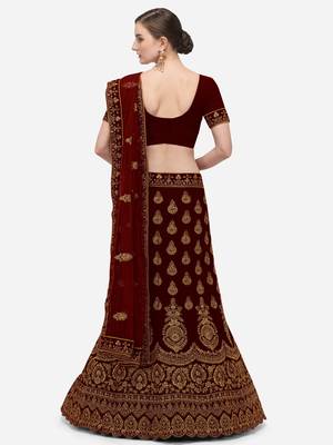 Maroon embroidered velvet semi stitched lehenga 2