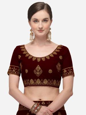 Maroon embroidered velvet semi stitched lehenga 3