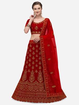 Red embroidered velvet semi stitched lehenga 1