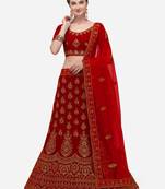 Red embroidered velvet semi stitched lehenga