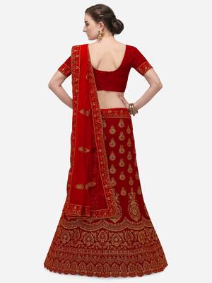 Red embroidered velvet semi stitched lehenga 2