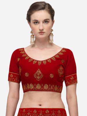 Red embroidered velvet semi stitched lehenga 3