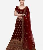 Maroon embroidered velvet semi stitched lehenga