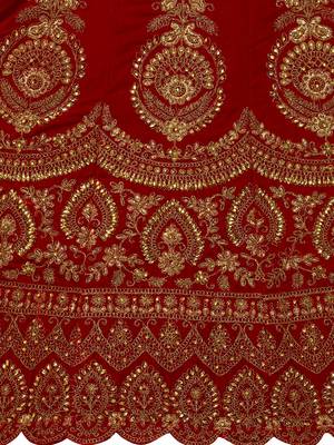 Red embroidered velvet semi stitched lehenga 4