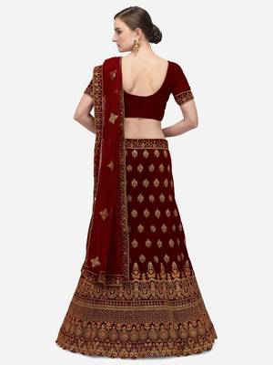 Maroon embroidered velvet semi stitched lehenga 2