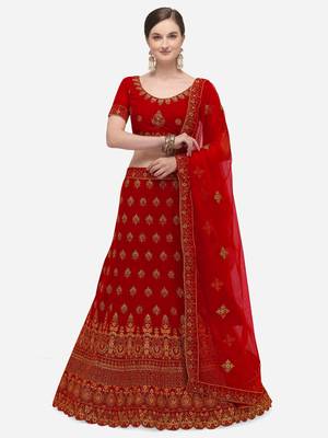 Red embroidered velvet semi stitched lehenga 1