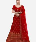 Red embroidered velvet semi stitched lehenga