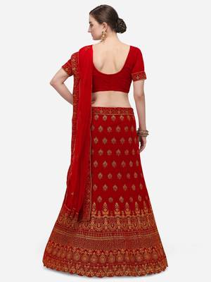 Red embroidered velvet semi stitched lehenga 2