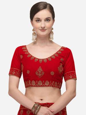 Red embroidered velvet semi stitched lehenga 3