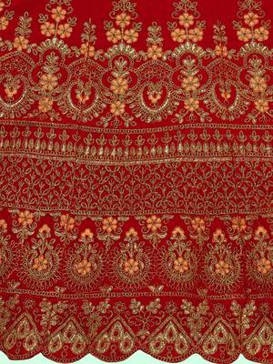 Red embroidered velvet semi stitched lehenga 4