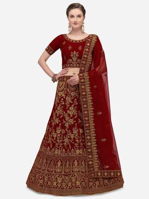 Maroon embroidered velvet semi stitched lehenga 1