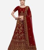 Maroon embroidered velvet semi stitched lehenga