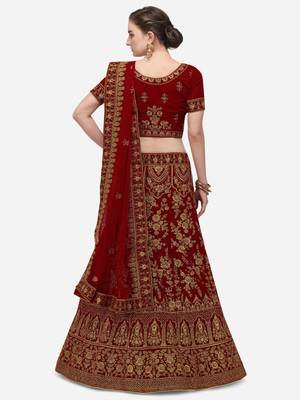Maroon embroidered velvet semi stitched lehenga 2