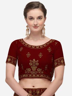 Maroon embroidered velvet semi stitched lehenga 3