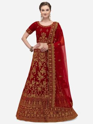 Red embroidered velvet semi stitched lehenga 1