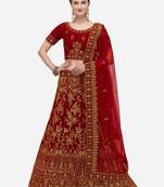 Red embroidered velvet semi stitched lehenga