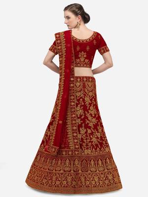 Red embroidered velvet semi stitched lehenga 2