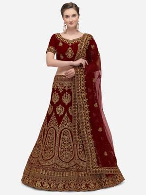 Maroon embroidered velvet semi stitched lehenga 1