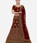 Maroon embroidered velvet semi stitched lehenga