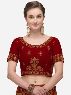 Red embroidered velvet semi stitched lehenga 3