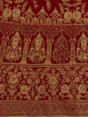 Red embroidered velvet semi stitched lehenga 4