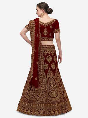 Maroon embroidered velvet semi stitched lehenga 2