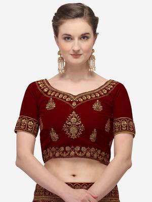 Maroon embroidered velvet semi stitched lehenga 3