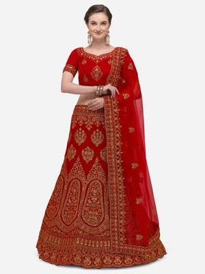Red embroidered velvet semi stitched lehenga 1