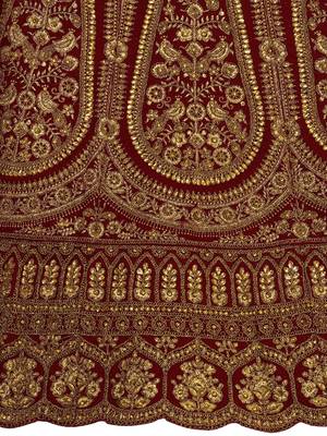 Maroon embroidered velvet semi stitched lehenga 4