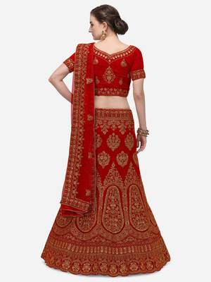 Red embroidered velvet semi stitched lehenga 2