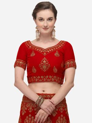 Red embroidered velvet semi stitched lehenga 3