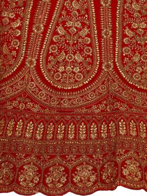 Red embroidered velvet semi stitched lehenga 4