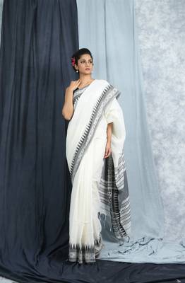 White Woven Cotton Saree With Blouse  1