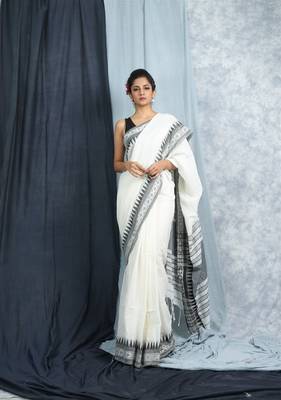 White Woven Cotton Saree With Blouse  3