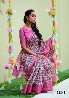 Purple printed linen saree with blouse 1