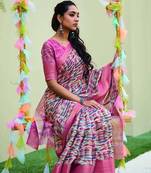Purple printed linen saree with blouse