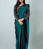 Aqua blue plain silk blend saree with blouse