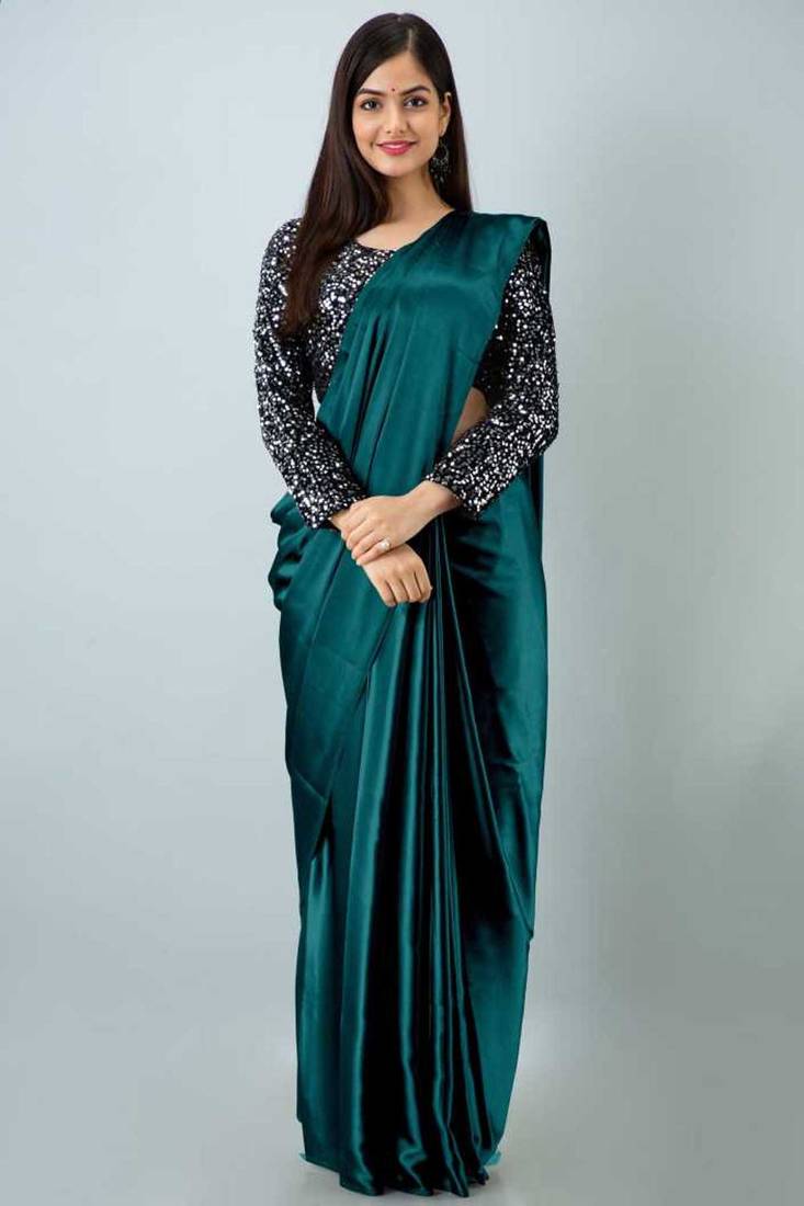 Aqua blue plain silk blend saree with blouse