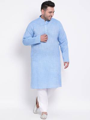 Blue plain cotton kurta pajama 1