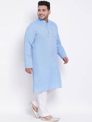 Blue plain cotton kurta pajama 3