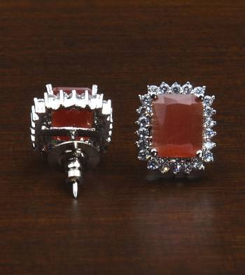 Rhodium Plated Rust Orange Stone Embellished American Diamond Stud 216ED602 2
