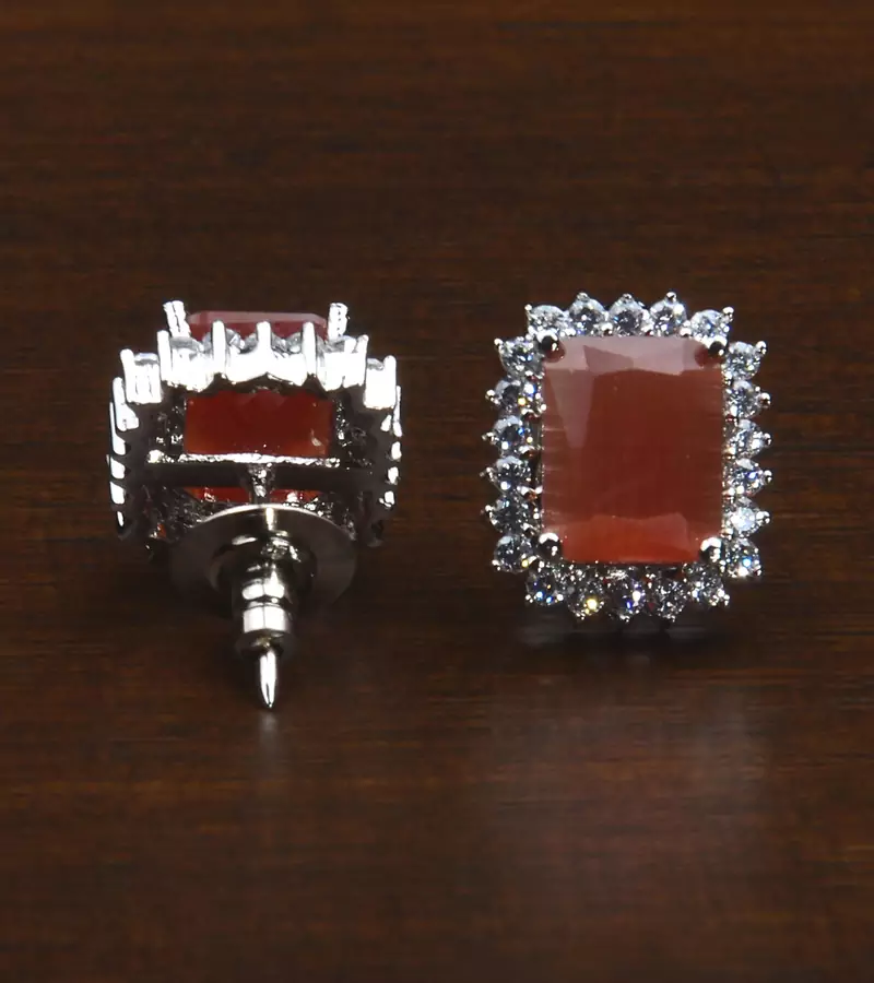 Rhodium Plated Rust Orange Stone Embellished American Diamond Stud 216ED602