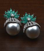 Rhodium Plated Emerald and Pearl Embellished AD Earrings 216ED604