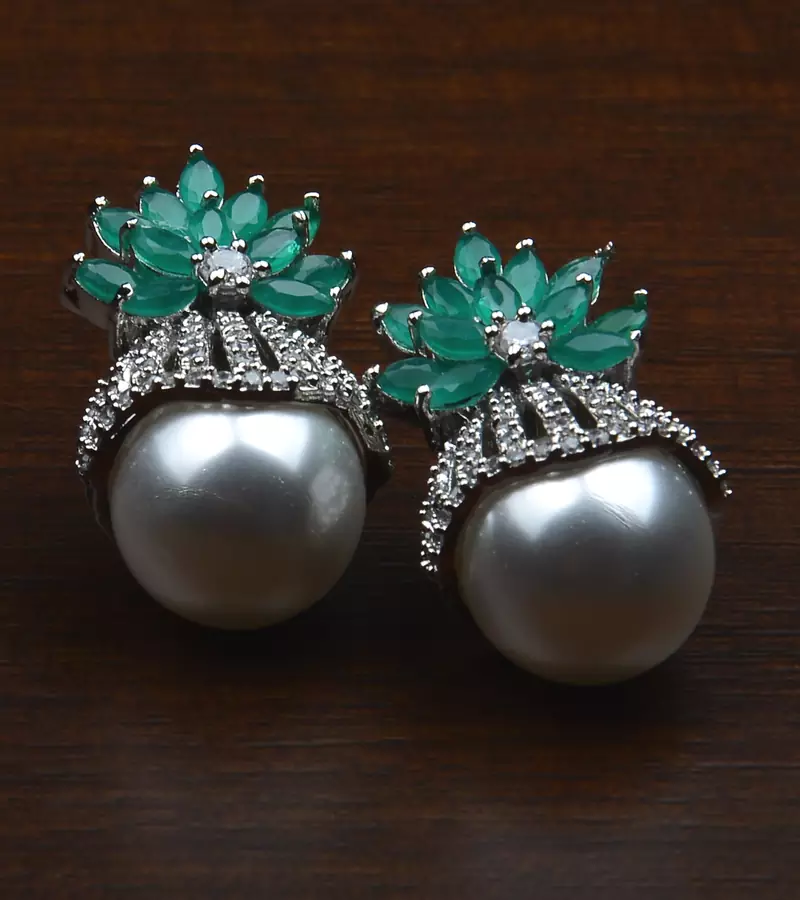 Rhodium Plated Emerald and Pearl Embellished AD Earrings 216ED604