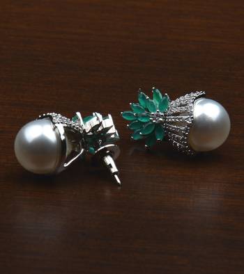 Rhodium Plated Emerald and Pearl Embellished AD Earrings 216ED604 2