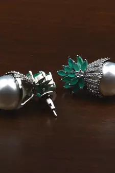 Rhodium Plated Emerald and Pearl Embellished AD Earrings 216ED604
