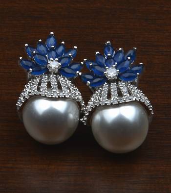 Rhodium plated sapphire and pearl embellished ad earrings 216ed605 1