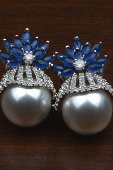 Rhodium Plated Sapphire and Pearl Embellished AD Earrings 216ED605