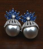 Rhodium Plated Sapphire and Pearl Embellished AD Earrings 216ED605